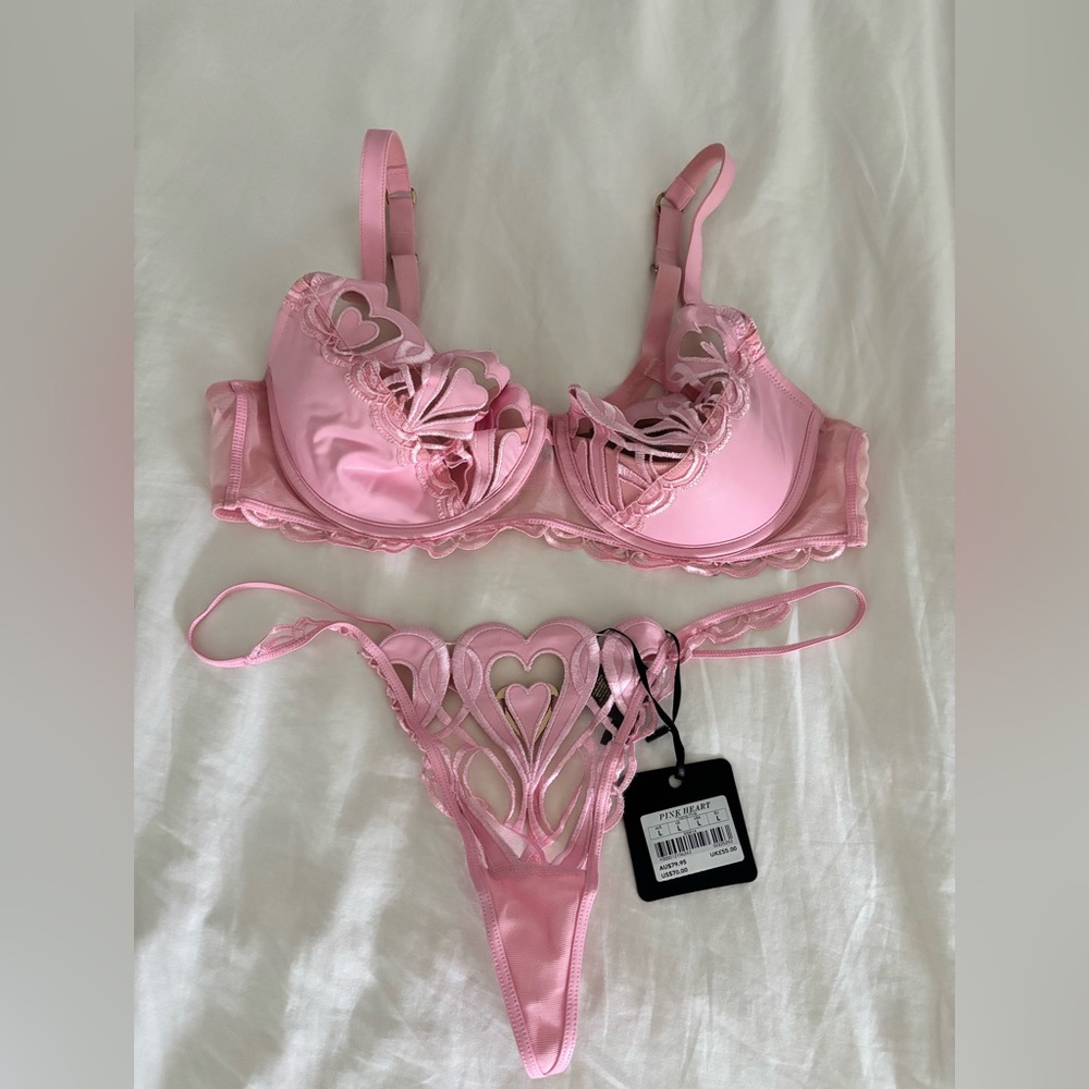 Honey Birdette Pink Heart Set, panties BNWT, bra gently worn